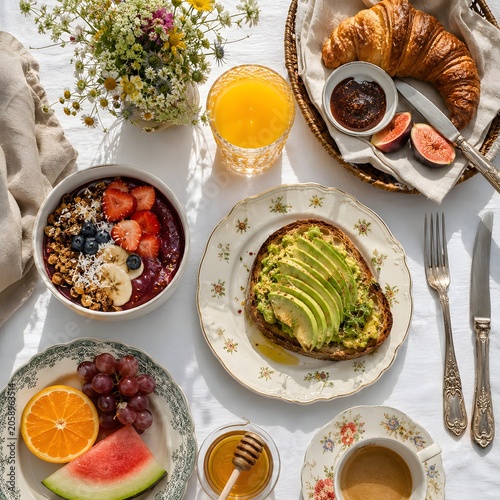 Gorgeous overhead flat lay of a luxury outdoor summer brunch with avocado toast, açaí bowl, fresh juice, croissant, and wildflowers on white linen under soft morning natural light.