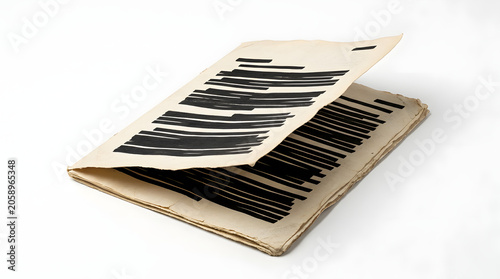 A document with censored text, symbolizing privacy and confidentiality, lies open on a neutral surface, its content obscured by thick black lines.