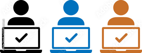 Set of user icons with laptop and checkmark symbol