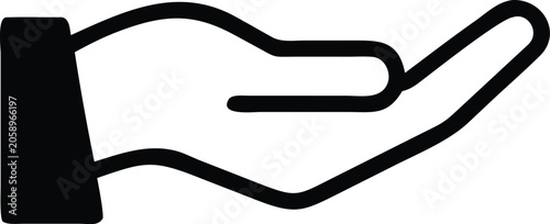 Vector outline black hand with open palm, flat graphic design, hand icon.