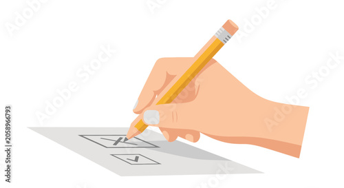 Hand holding pencil marking X on checklist, paper with checkboxes, white background
