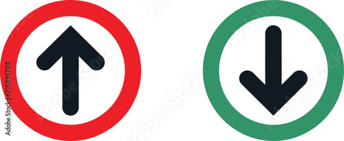 Foto Black up and down arrows inside red and green circular icons for navigation and