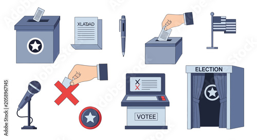 Schilderij op canvas USA Election Icons Set: Voting, Ballot Box, Microphone, Laptop, Booth