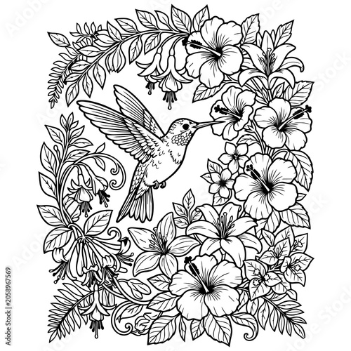 Hummingbird hovers near blooming hibiscus flowers in this elegant black and white botanical illustration.