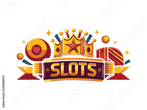 Colorful slots game logo with crown and ribbons and stars