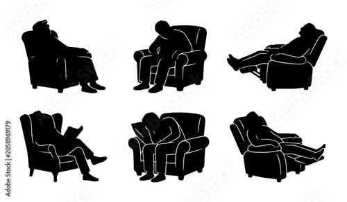 Fotografie Silhouette Figures Sleeping in Armchairs, Relaxing Recliner Poses, Comfort and L