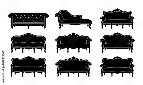 Schilderij op canvas Elegant Victorian Sofa Silhouettes, Ornate Chesterfield Chaise Lounge Vector Set