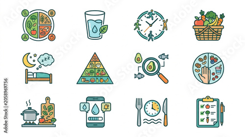 Fotografie Healthy Lifestyle Icons Representing Nutrition Sleep and Time Management