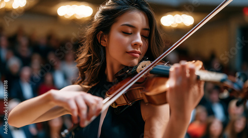 Concert violinist mid performance in a formal recital hall, bow drawn across strings, audience in formal attire seated in tiered rows under chandelier light, classical music concert atmosphere preci