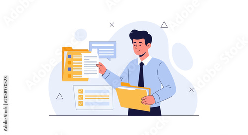 Man holding documents and folders, representing organization, administration, and workflow efficiency in business.