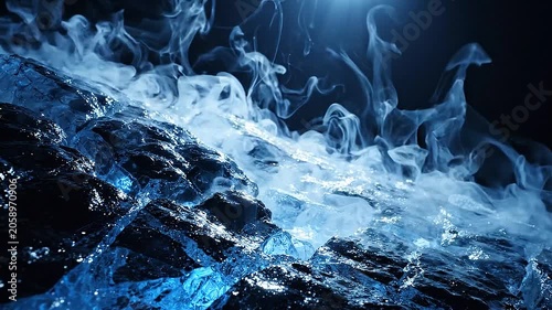 Dry ice vapor cascading over frozen blue ice rocks under dramatic spotlight, close-up slow motion