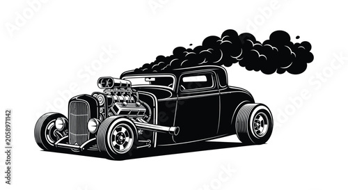Photos Vintage hot rod car with exposed engine detailed black silhouette