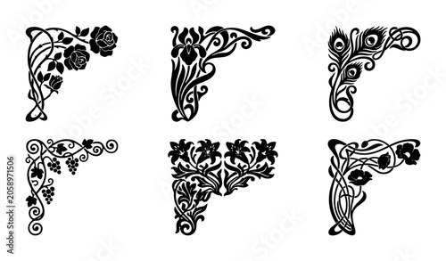 Schilderij op canvas Art Nouveau Corner Ornaments, Vintage Floral Flourishes, Decorative Borders, Ele