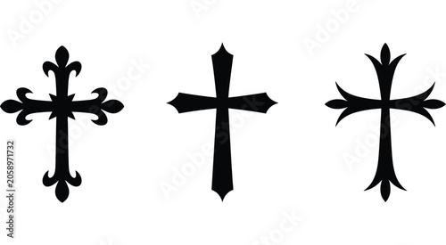 Konstfotografi three stylized crosses in black on a white background simple design, minimal religious symbol set concept, faith spirituality and christian icon collection, clean vector illustration