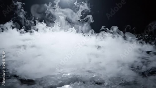 Thick white smoke billowing and rolling over a dark wet textured surface under a bright spotlight, slow motion close-up