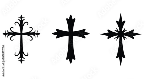 Konstfotografi three stylized crosses in black on a white background simple design, minimal religious symbol set concept, faith spirituality and christian icon collection, clean vector illustration