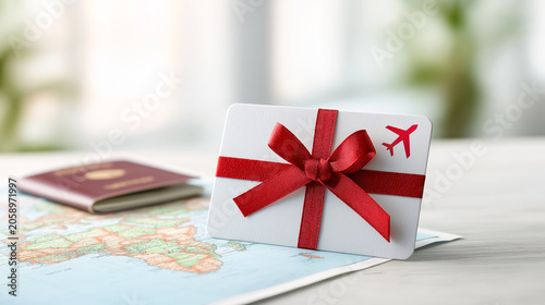 Travel gift card with red ribbon and bow placed on a tourist map alongside a passport. Concept of vacation planning, travel vouchers and memorable holiday gifts