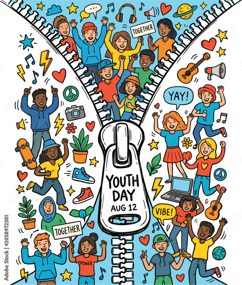 Obraz premium Youth Day August 12 Zipper Opening Concept Illustration with Diverse Celebrating Teenagers for Creative Poster and Campaign Design