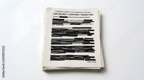 A stack of top-secret documents, heavily redacted with black ink, sits on a white surface, hinting at classified information and government secrecy.