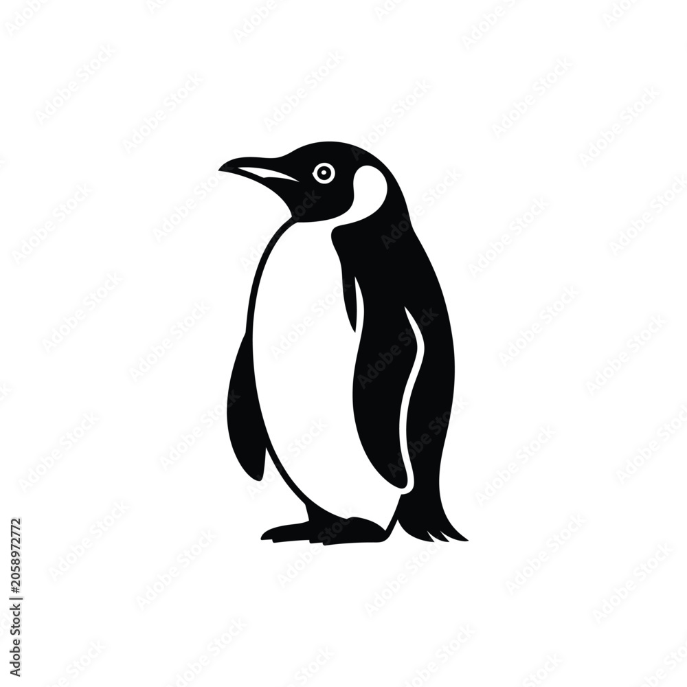 Obraz premium Black silhouette penguin standing upright with detailed beak and eye