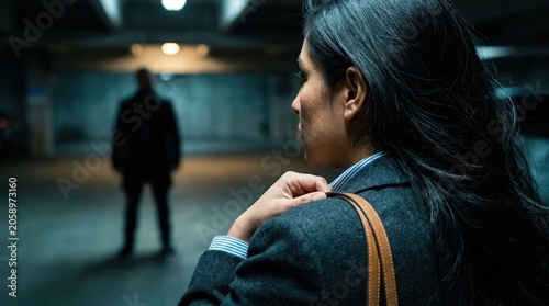 Woman glancing over shoulder at silhouette in parking garage personal safety
