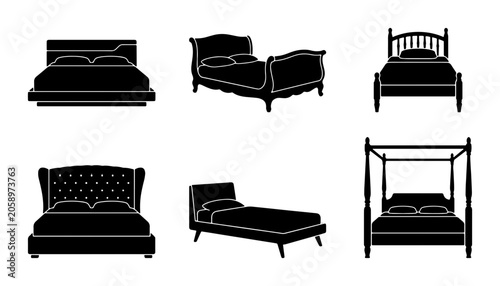 Bild auf Leinwand Diverse Bed Silhouettes Collection, Modern and Classic Furniture Icons, Bedroom