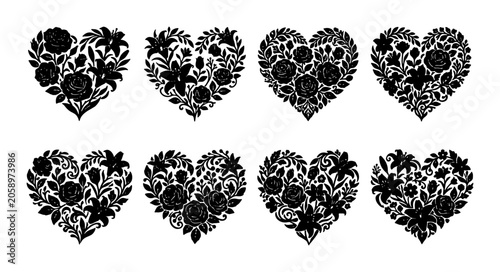 Cuadro en lienzo Set of 8 Black Floral Heart Vector Illustrations, Romantic Botanical Designs, El