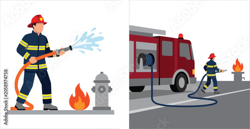 Cuadro en lienzo Firefighter Spraying Water on Flames Beside Fire Hydrant and Fire Truck, Flat Ve