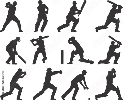 Silhouette Cricket Player Set Vector Collection, Cricket Players in Batting Bowling Fielding Action Poses, Black Sports Silhouette Clipart Isolated on White Background