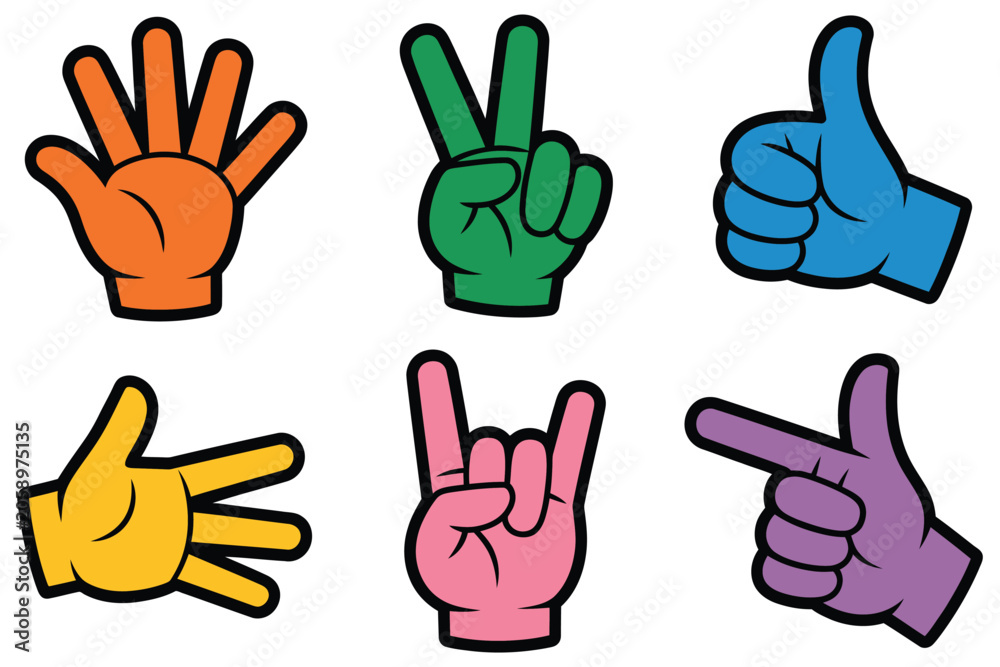 Fototapeta premium trendy hands playful cartoon hand gestures with peace sign thumbs up rock on and pointing fingers in y2k retro halftone vector illustration style, expressive communication and youth culture concept
