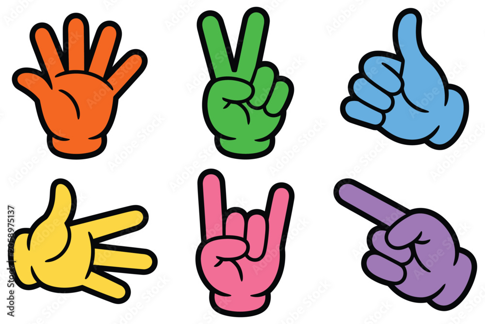 Fototapeta premium trendy hands playful cartoon hand gestures with peace sign thumbs up rock on and pointing fingers in y2k retro halftone vector illustration style, expressive communication and youth culture concept