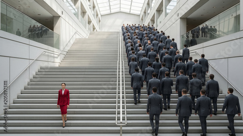 Businesswoman in red walking down stairs against a crowd in dark suits, symbolizing contrarian strategy and market disruption