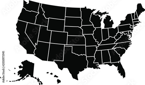 Detailed black silhouette map of the United States featuring white borders under studio lighting on white backdrop, patriotic.