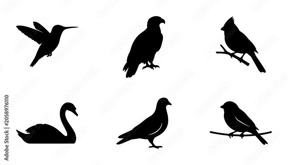 Obraz premium Vector Silhouettes of Six Diverse Birds: Hummingbird, Eagle, Cardinal, Swan, Dove, Sparrow, Graphic Icons for Nature and Wildlife Designs