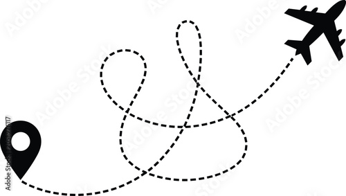 Minimalist airplane icon flying a winding dashed flight path from a location pin on a white background, symbolizing adventure.