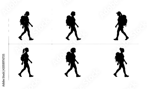 Photos Six Silhouette Hikers, Backpackers Walking Vector Icons Set, Outdoor Adventure,