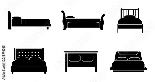 Tableau sur toile Six Silhouette Bed Icons, Modern and Classic Furniture Designs, Bedroom Furnitur