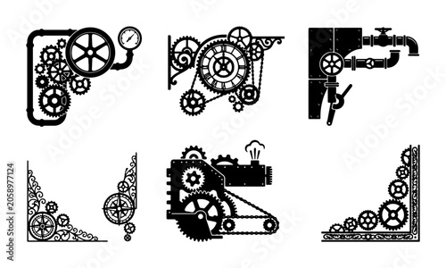 Steampunk Corner Ornaments, Industrial Gears and Cogs Decorative Elements, Victorian Mechanical Design Accents, Retro Engineering Vector Set