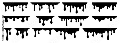 Foto Black paint drips and liquid melting splatters set, flowing ooze vector silhouettes isolated on white background