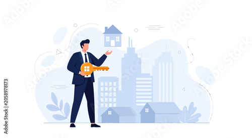 Real Estate Agent with Key and House Icon, Illustrating Property Investment and Homeownership in a Cityscape