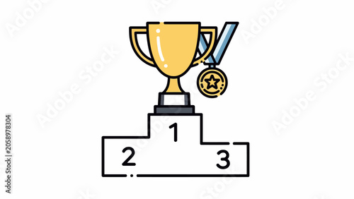 Trophy on a podium with medal.