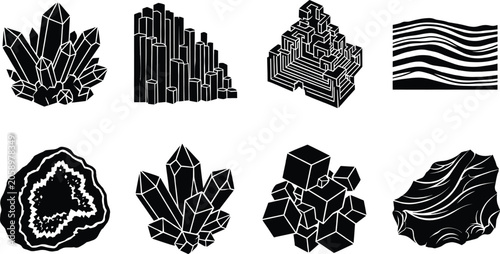 Bild auf Leinwand Mineral crystals and geological rock formations vector silhouette icon set featu