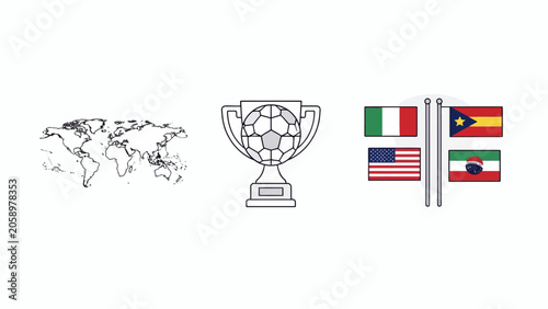 Illustration of soccer trophy and flags.