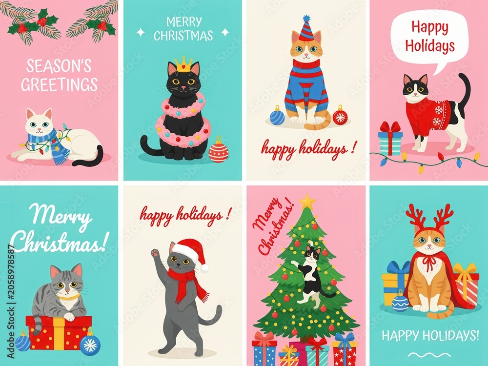 Fototapeta premium Set of cute christmas greeting cards with funny cats in festive costumes, sweaters, hats and holiday decorations