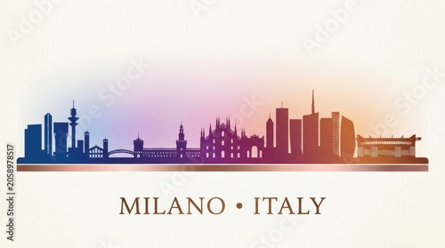 Milan city skyline horizontal banner featuring a black and white silhouette of iconic landmarks, historic architecture, and contemporary skyscrapers. 