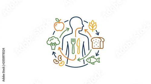 Bild auf Leinwand Human body with healthy food icons surrounding it symbolizing nutrition