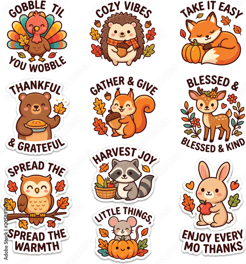 Fototapeta premium Thanksgiving Sticker Sheet Vector, Cute Autumn Animals and Quotes Collection