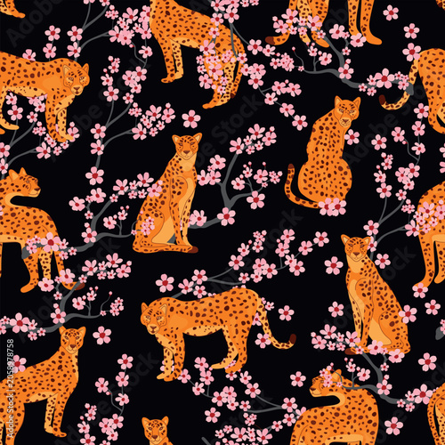 Seamless pattern of cheetahs in different poses on an exotic black background with casts vector illustration