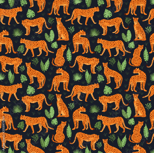 Seamless pattern of cheetahs in different poses on an exotic black background with casts vector illustration