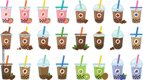 Cuadro en lienzo Boba bubble tea vector icon set with cartoon milk tea cups tapioca pearls straws